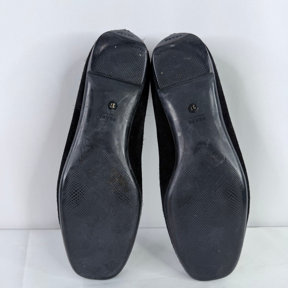 Prada Loafers Women Size 37 Black Suede Triangle Logo Flat Shoes Made in Italy - Picture 4 of 13